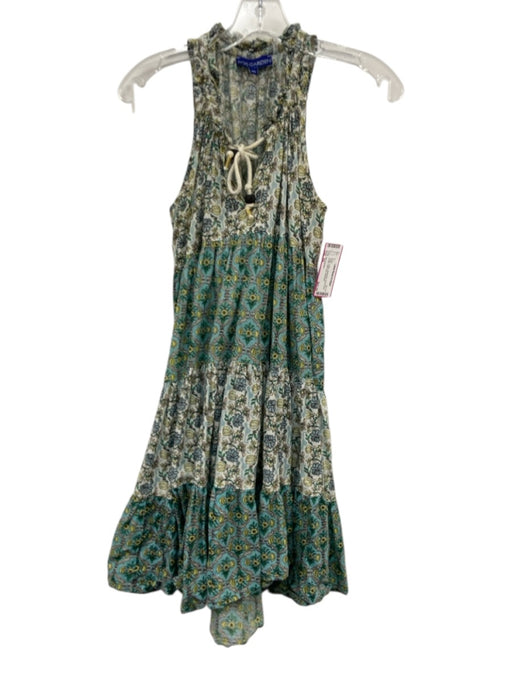 Ro's Garden Size XS Green Cotton Sleeveless Floral Knee Length Split neck Dress Green / XS