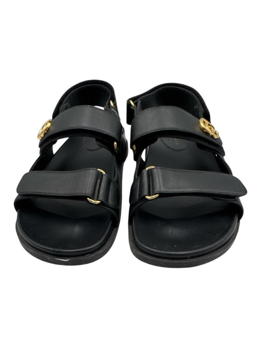 Gucci Shoe Size 39.5 Black Leather Velcro Strap Open Toe Logo Slide Sandals Black / 39.5