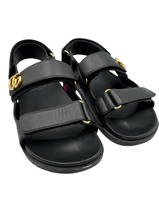 Gucci Shoe Size 39.5 Black Leather Velcro Strap Open Toe Logo Slide Sandals Black / 39.5