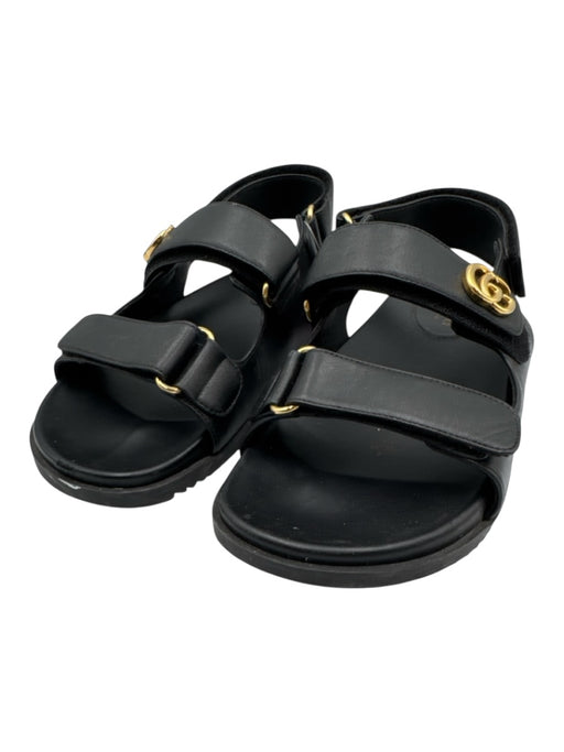 Gucci Shoe Size 39.5 Black Leather Velcro Strap Open Toe Logo Slide Sandals Black / 39.5