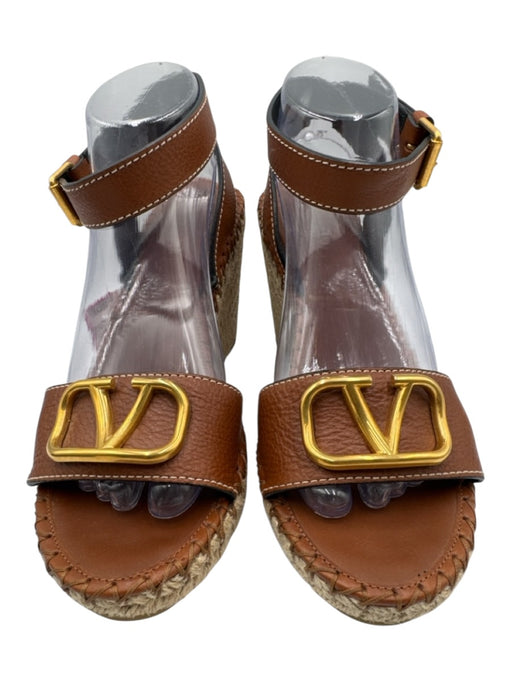 Valentino Shoe Size 41 Brown & Beige Leather Espadrille Open Toe Wedge Sandals Brown & Beige / 41