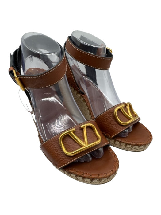 Valentino Shoe Size 41 Brown & Beige Leather Espadrille Open Toe Wedge Sandals Brown & Beige / 41