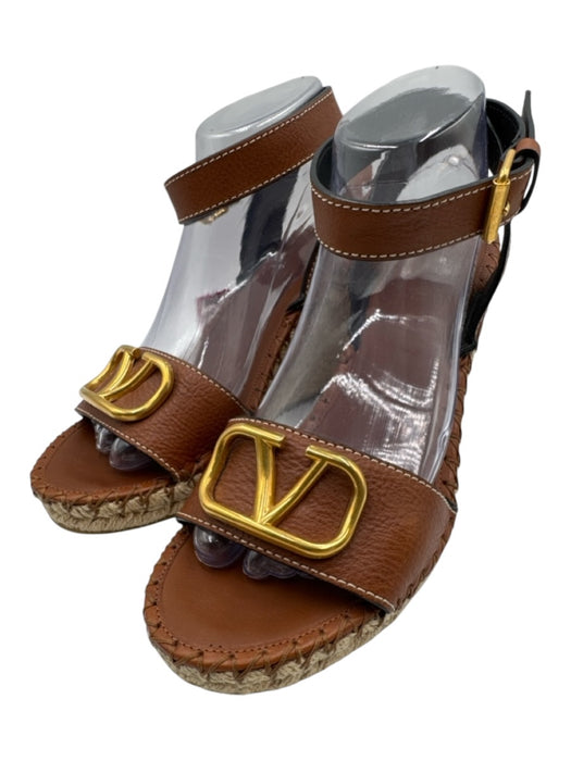 Valentino Shoe Size 41 Brown & Beige Leather Espadrille Open Toe Wedge Sandals Brown & Beige / 41
