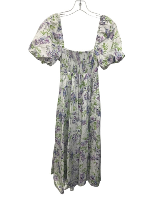 Hill House Size XXS Purple, Green, White Cotton Short Puff Sleeve Floral Dress Purple, Green, White / XXS
