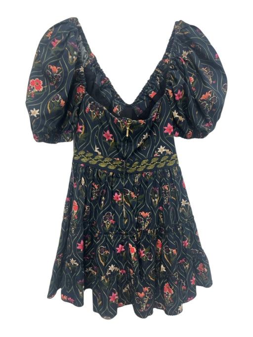 Agua Bendita Size Small Navy, Green, Pink Cotton Short Puff Sleeve Floral Dress Navy, Green, Pink / Small