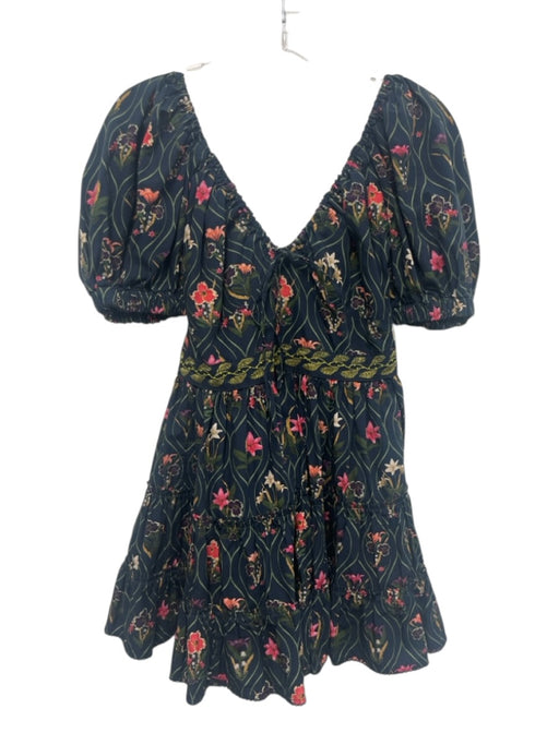 Agua Bendita Size Small Navy, Green, Pink Cotton Short Puff Sleeve Floral Dress Navy, Green, Pink / Small