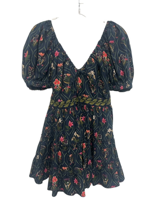 Agua Bendita Size Small Navy, Green, Pink Cotton Short Puff Sleeve Floral Dress Navy, Green, Pink / Small