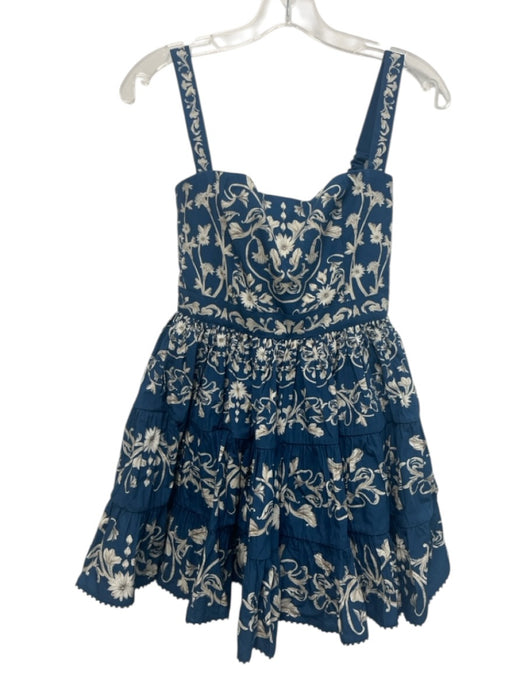 Agua Bendita Size XS Blue, Beige, White Cotton Sleeveless Floral Tiered Dress Blue, Beige, White / XS