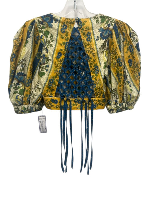Alemais Size 0 Blue, Yellow, Green Linen Long puff sleeve Floral Cropped Top Blue, Yellow, Green / 0