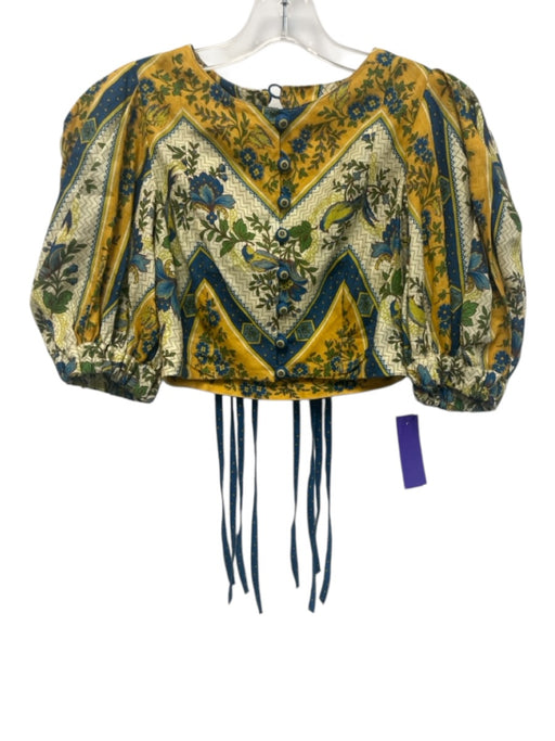 Alemais Size 0 Blue, Yellow, Green Linen Long puff sleeve Floral Cropped Top Blue, Yellow, Green / 0