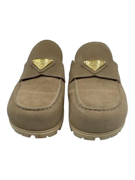 Prada Shoe Size 40 Beige Leather Suede Round Toe Triangle Logo Lug Sole Loafers Beige / 40