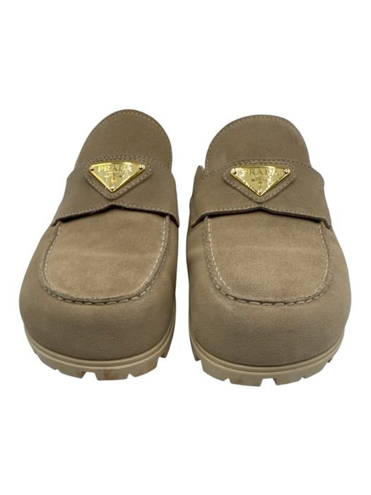 Prada Shoe Size 40 Beige Leather Suede Round Toe Triangle Logo Lug Sole Loafers Beige / 40