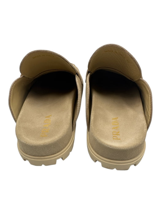 Prada Shoe Size 40 Beige Leather Suede Round Toe Triangle Logo Lug Sole Loafers Beige / 40
