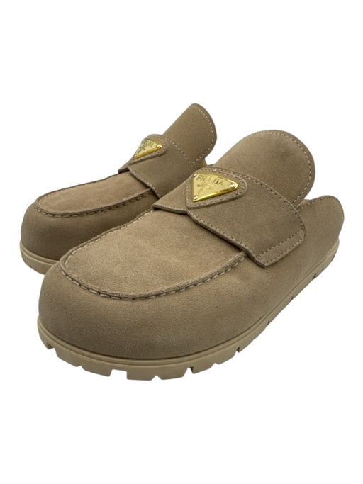 Prada Shoe Size 40 Beige Leather Suede Round Toe Triangle Logo Lug Sole Loafers Beige / 40