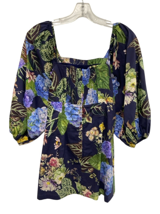 Cara Cara Size XS Navy, Light Blue & Green Cotton Square Neck Back Zip Dress Navy, Light Blue & Green / XS