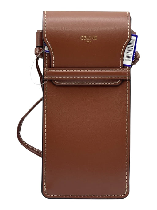 Celine Tan Leather Phone pouch Gold embossed logo White Stitch Flap Front Bag Tan / Small