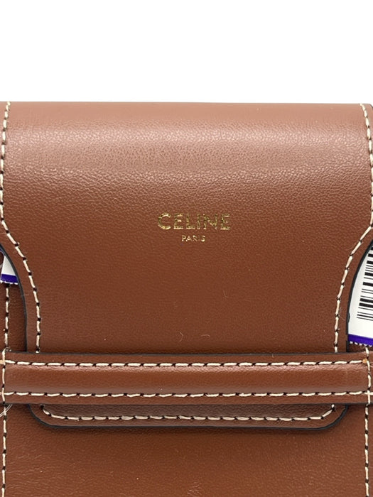 Celine Tan Leather Phone pouch Gold embossed logo White Stitch Flap Front Bag Tan / Small