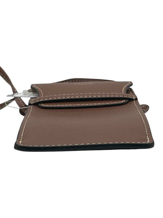 Celine Tan Leather Phone pouch Gold embossed logo White Stitch Flap Front Bag Tan / Small