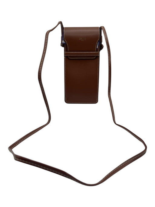 Celine Tan Leather Phone pouch Gold embossed logo White Stitch Flap Front Bag Tan / Small