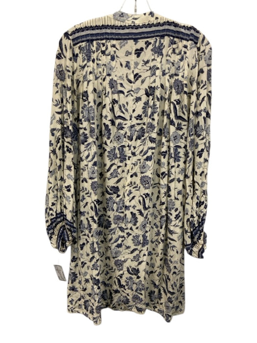 Natalie Martin Size XS Cream & Blue Pintuck Leaves Tassel Tie Detail Dress Cream & Blue / XS