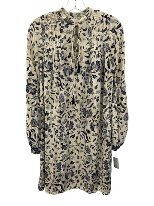 Natalie Martin Size XS Cream & Blue Pintuck Leaves Tassel Tie Detail Dress Cream & Blue / XS