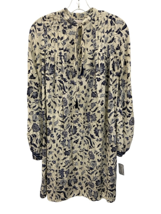 Natalie Martin Size XS Cream & Blue Pintuck Leaves Tassel Tie Detail Dress Cream & Blue / XS