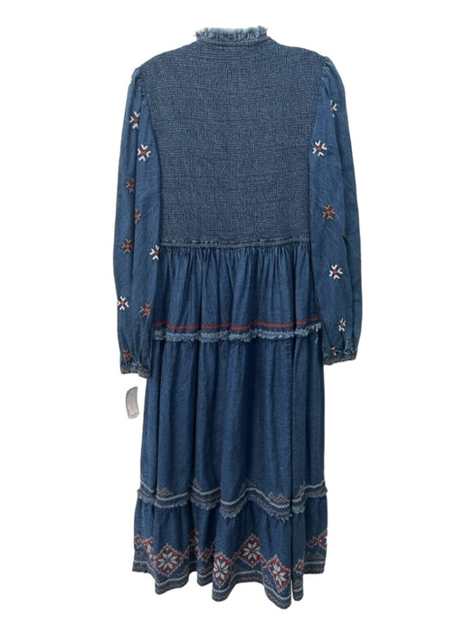 Conditions Apply Size XL Blue, White & Red Cotton Denim Smocked Top V Neck Dress Blue, White & Red / XL