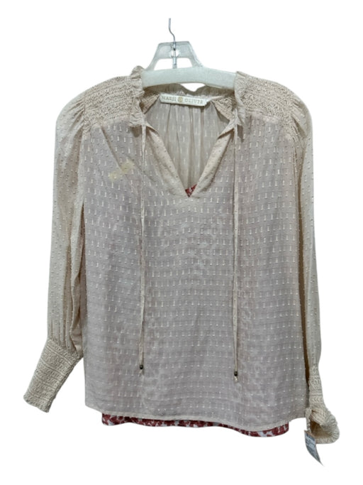 Marie Oliver Size XXS Beige, Gold, Red Viscose & Silk Long Sleeve Neck Tie Top Beige, Gold, Red / XXS