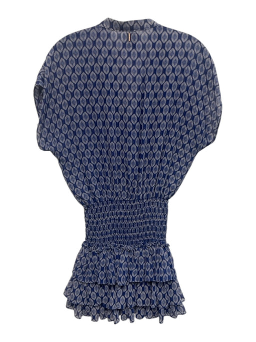 Misa Size XS Blue & White Polyester Cap Sleeve Ruffles Abstract Print Mini Dress Blue & White / XS