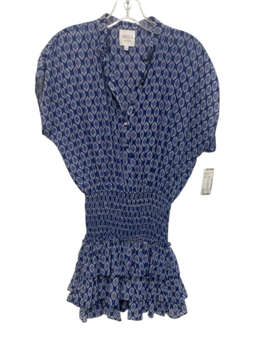 Misa Size XS Blue & White Polyester Cap Sleeve Ruffles Abstract Print Mini Dress Blue & White / XS