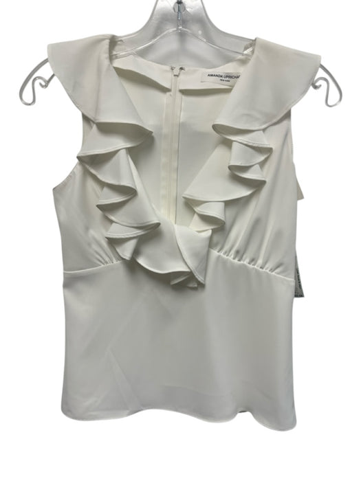 Amanda Uprichard Size XS White Polyester Sleeveless Ruffle V Neck Top White / XS