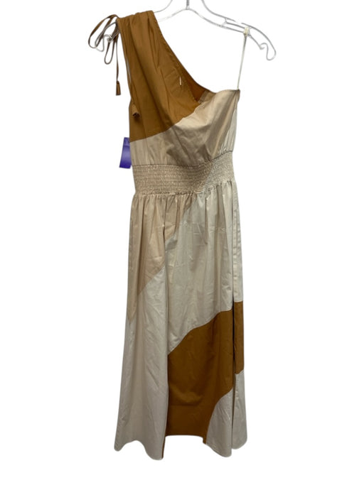 Misa Size XS Brown & Beige Cotton One Shoulder Color Block Smocked Waist Dress Brown & Beige / XS