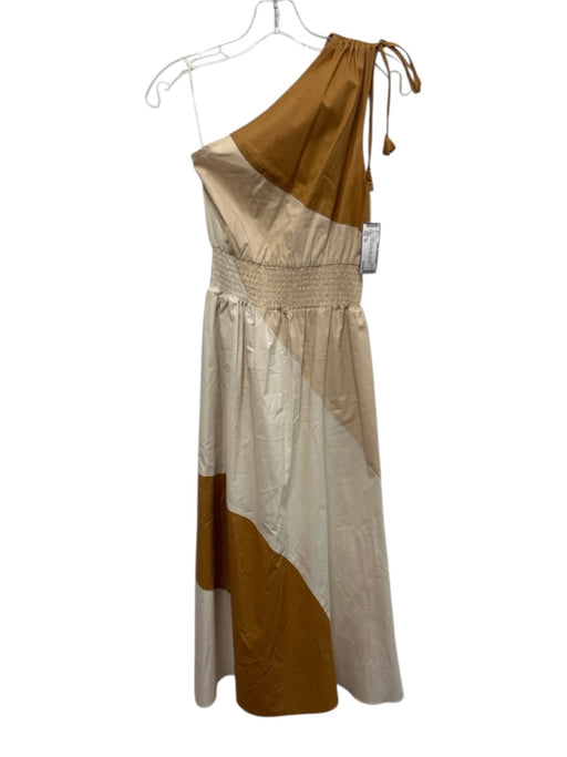 Misa Size XS Brown & Beige Cotton One Shoulder Color Block Smocked Waist Dress Brown & Beige / XS