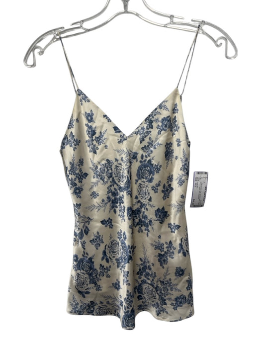 Cami NYC Size XXS Cream & Blue Silk Spaghetti Strap Floral Print V Neck Tank Top Cream & Blue / XXS