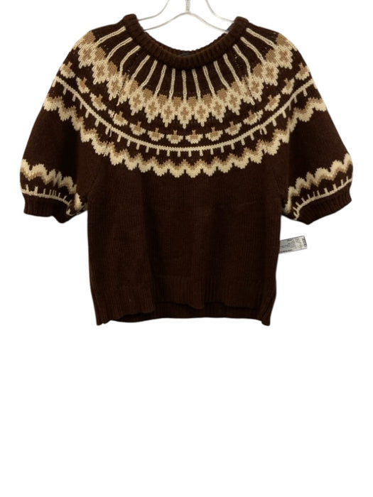 Zara Size Large Brown, Cream, Tan Wool Blend Short Puff Sleeve Ribbed Sweater Brown, Cream, Tan / Large