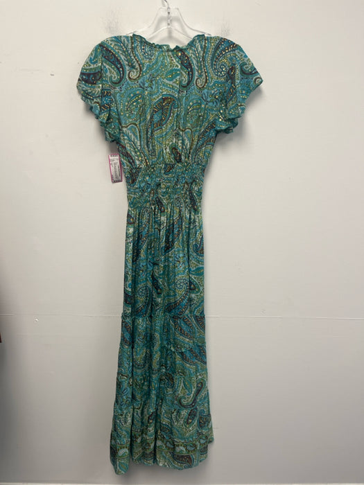 No Brand Size XS Green, Blue, Multi Silk Short Puff Sleeve Smocked Waist Dress