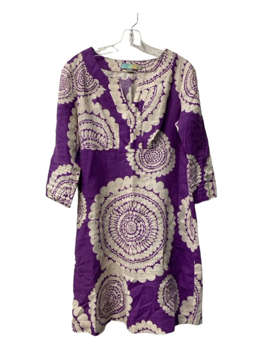Boden Size Est M Purple & White Linen Abstract Split round neck 3/4 Sleeve Dress Purple & White / Est M