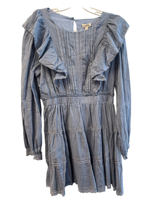 Just Me Size L Blue Cotton Crew Neck Long Sleeve Lace Detail Back Button Dress Blue / L