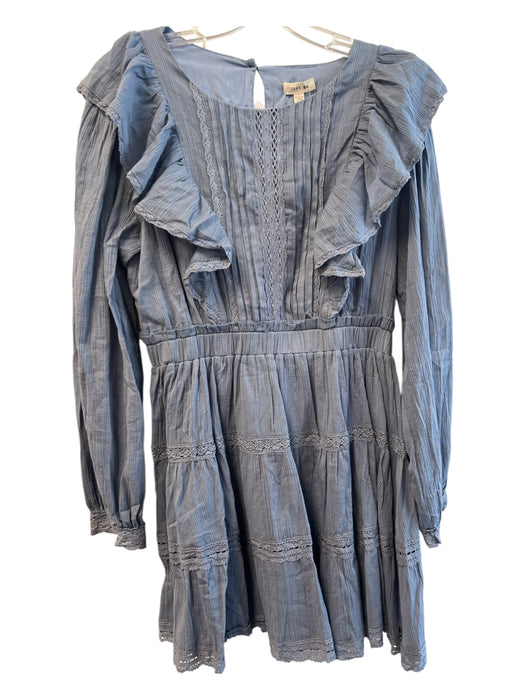 Just Me Size L Blue Cotton Crew Neck Long Sleeve Lace Detail Back Button Dress Blue / L