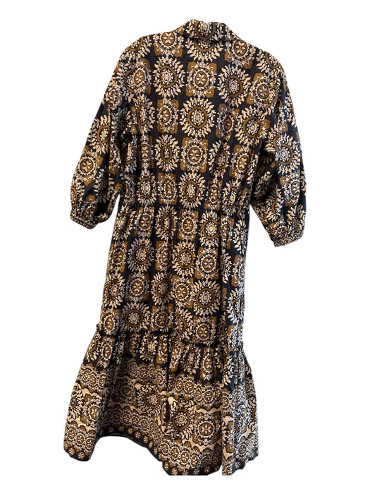 Cara Cara Size M Navy & Yellow Cotton V Neck Button Down Long Sleeve Dress Navy & Yellow / M