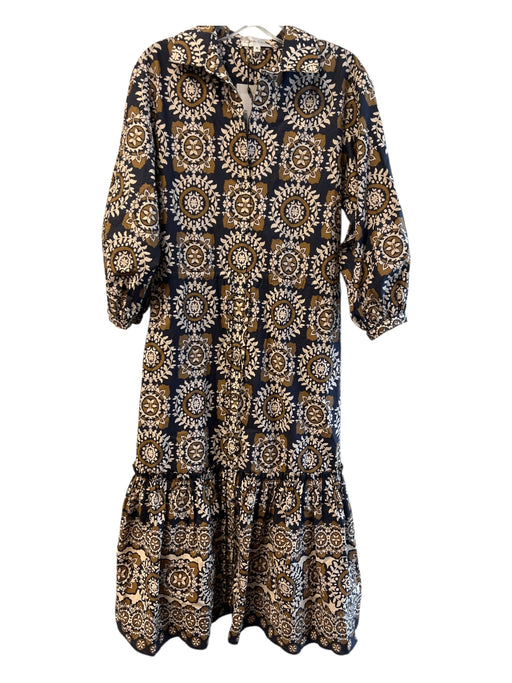 Cara Cara Size M Navy & Yellow Cotton V Neck Button Down Long Sleeve Dress Navy & Yellow / M