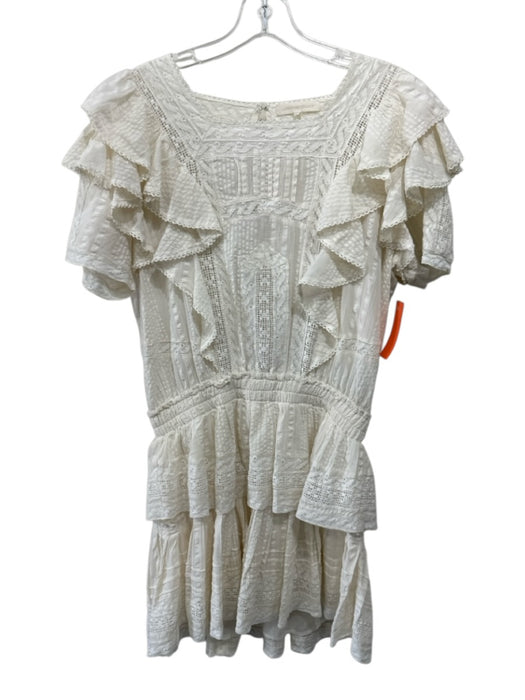 Love Shack Fancy Size L Cream Cotton Ruffle Cap Sleeve Square Neck Tiered Dress Cream / L
