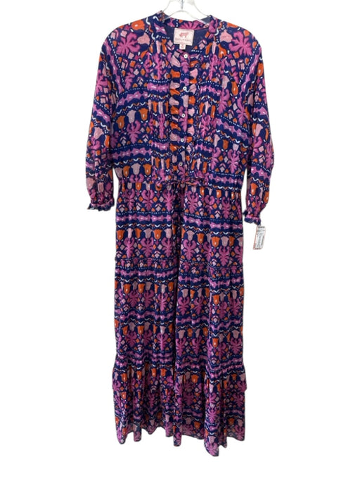 Banjanan Size M Blue, Orange & Pink Cotton Long Balloon Sleeve Floral Dress Blue, Orange & Pink / M