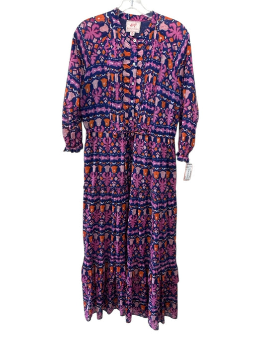 Banjanan Size M Blue, Orange & Pink Cotton Long Balloon Sleeve Floral Dress Blue, Orange & Pink / M
