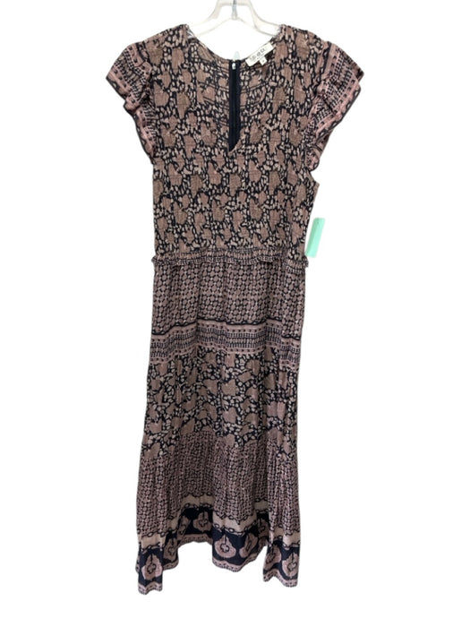 Sea New York Size 10 Taupe Beige & Black Cotton Floral Stripe Cap Sleeve Dress Taupe Beige & Black / 10