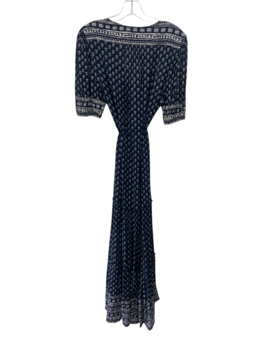 Faherty Size M Navy Blue & White Viscose Short Sleeve V Neck Button Front Dress Navy Blue & White / M