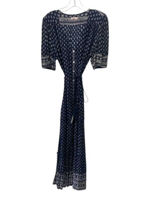 Faherty Size M Navy Blue & White Viscose Short Sleeve V Neck Button Front Dress Navy Blue & White / M