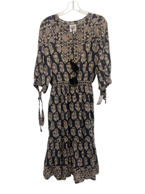 Bell by Alicia Bell Size L indigo blue, beige, brown Cotton & Silk Midi Dress indigo blue, beige, brown / L