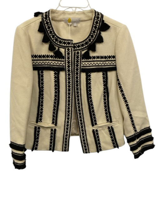 Boden Size 10 Beige & Black Cotton Long Sleeve Embroidered Tassels Open Jacket Beige & Black / 10