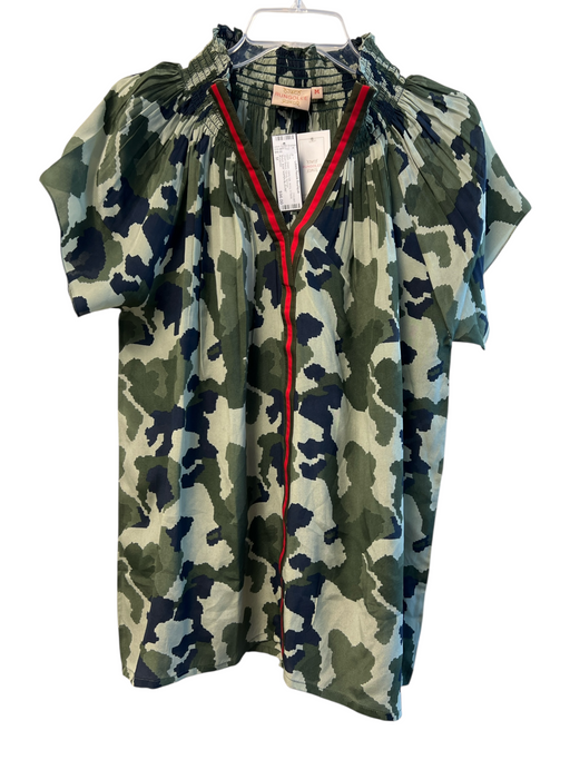 Rungolee Size M Green 100% Silk Army V Neck Short Sleeve Top Green / M